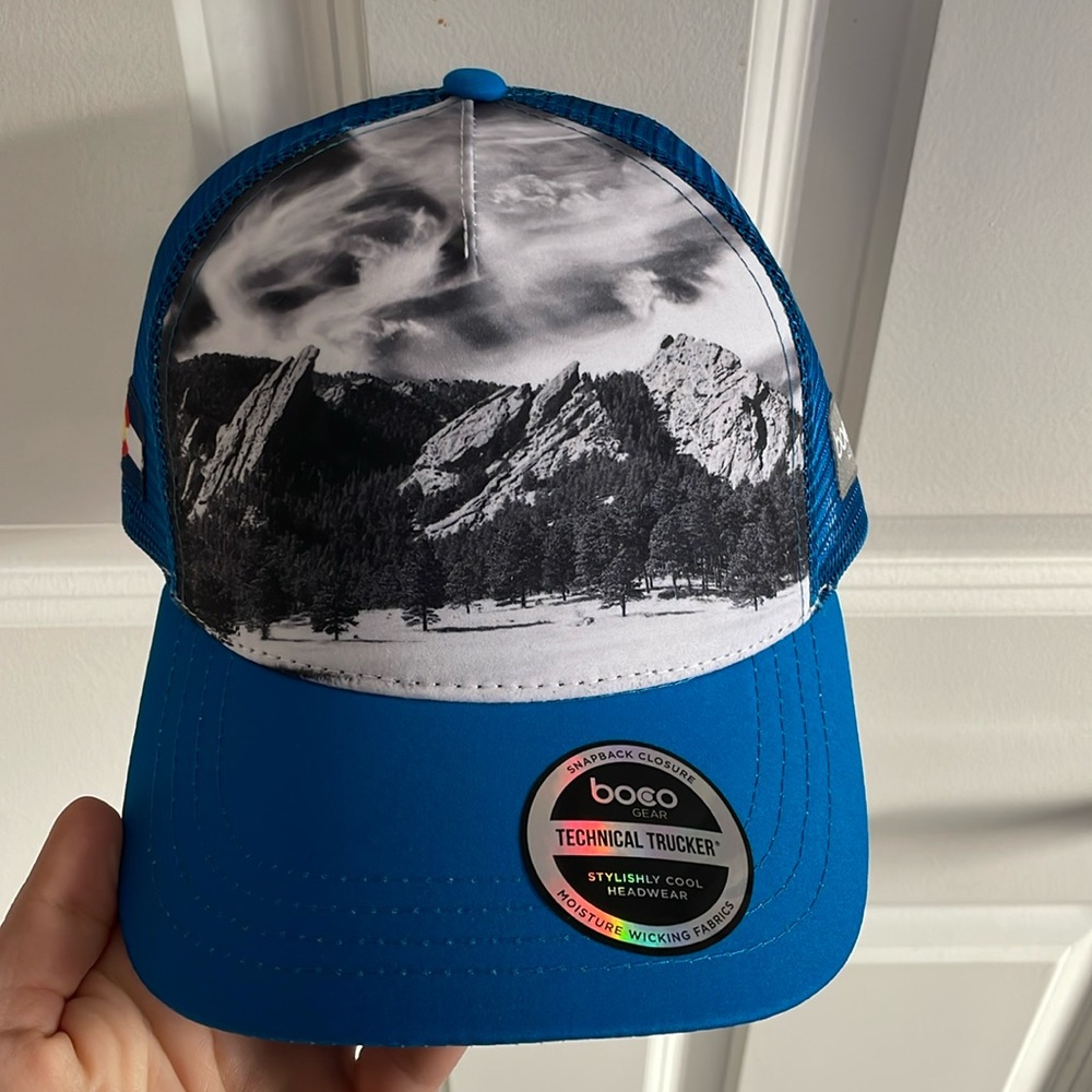 ✨NEW✨Boco Gear Trucker Hat with black & white photo of the Boulder Flatirons